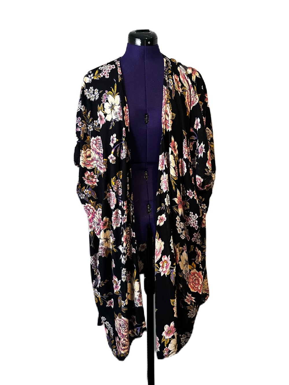 Angie Black Pink Floral Kimono Sweater